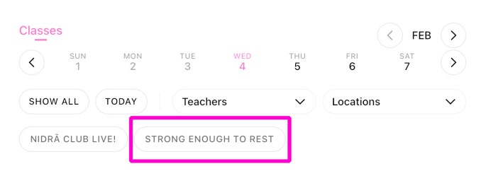 An example of Sam's booking platform, with the "Strong Enough to Rest" tag highlighted - click this to toggle the filter on or off